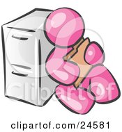Poster, Art Print Of Pink Man Sitting By A Filing Cabinet And Holding A Folder