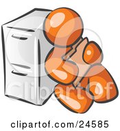 Clipart Illustration Of An Orange Man Sitting By A Filing Cabinet And Holding A Folder by Leo Blanchette