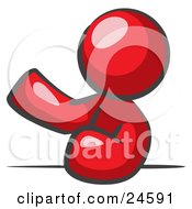Clipart Illustration Of A Red Man Leaning An Elbow On A Table And Gesturing With One Hand During A Meeting