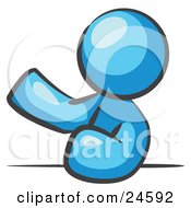 Clipart Illustration Of A Light Blue Man Leaning An Elbow On A Table And Gesturing With One Hand During A Meeting