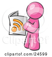 Clipart Illustration Of A Pink Man Standing And Reading An RSS Magazine by Leo Blanchette