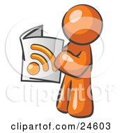 Orange Man Standing And Reading An Rss Magazine