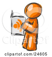 Clipart Illustration Of A Painted Orange Man Standing And Reading An RSS Magazine by Leo Blanchette