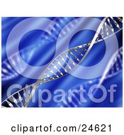 Clipart Illustration Of A Diagonal Chrome Double Helix DNA Strand Over A Blue Background With Blurred Strands
