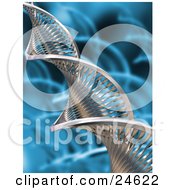 Clipart Illustration Of A Twisting Silver DNA Double Helix Strand Over A Blue Background With Blurred Helixes