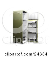 Green Refrigerator With Open Doors Showing An Empty Freezer And Cooling Section