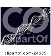 Clipart Illustration Of A Twisting Chrome Double Helix DNA Strand Over A Black Background Spanning Diagonally