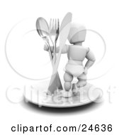 Clipart Illustration Of A White Character In A Chefs Hat Standing On Top Of A Plate With A Spoon Fork And Butter Knife One Hand On His Hip