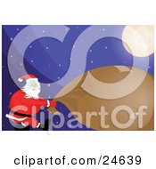 Clipart Illustration Of Santa Using All Of His Strength To Pull Along His Heavy Brown And Patched Up Toy Sack Under A Bright Moon On A Snowy Christmas Eve Night