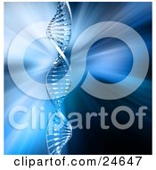 Clipart Illustration Of A Single Silver Dna Double Helix Strand Twisting Over A Blue Background With Light Rays