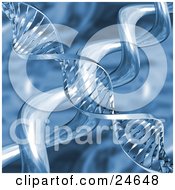Clipart Illustration Of A Twisting Chrome Double Helix DNA Strand Over Liquid Twisting Tubes And A Blue Background