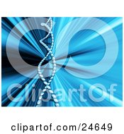 Poster, Art Print Of Blue Dotted Double Helix Dna Strand Over A Bursting Blue And Black Background