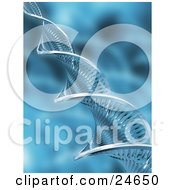 Clipart Illustration Of A Twisting Chrome Double Helix Dna Strand Over A Rippled Blue Background
