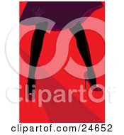 Clipart Illustration Of A Ladys Legs In Black Stockings Red Heels And A Purple Dress Walking Down A Runway Or Dancing