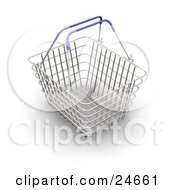 Poster, Art Print Of Empty Wire Shopping Basket With Blue Handles Over A White Surface