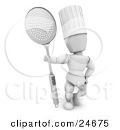 White Character In A Chefs Hat Standing With A Metal Skimmer Spoon by KJ Pargeter