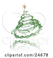 Clipart Illustration Of A Green Spiral Twine Christmas Tree With A Golden Star And Ornaments Over A Reflective White Surface