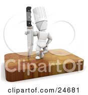 White Character In A Chefs Hat Standing With A Sharp Knife On A Wooden Cutting Board