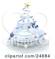 Clipart Illustration Of A Metallic Blue Metal Christmas Tree Decorated In Colorful Ornaments And A Golden Star Over White