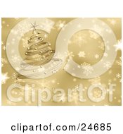 Clipart Illustration Of A Golden Spiral Christmas Tree With Ornaments And A Star Over A Gold Snowflake Background