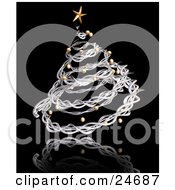 Clipart Illustration Of A Silver Spiral Twine Christmas Tree With A Golden Star And Ornaments Over A Reflective Black Surface