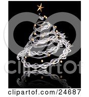 Poster, Art Print Of Silver Spiral Twine Christmas Tree With A Golden Star And Ornaments Over A Reflective Black Surface