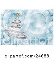 Poster, Art Print Of Silver Spiral Christmas Tree With Gold Ornaments And A Star Over A Blue And White Snowflake Background