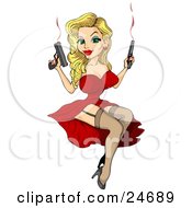 Clipart Illustration of a Sexy Blond Pinup Woman In A Red Dress And Leggings, Holding Two Smoking Pistils by Holger Bogen #COLLC24689-0045