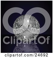 Clipart Illustration Of A Sparkling Platinum Silver Disco Ball Suspended Over A Reflective Surface Over A Black Background