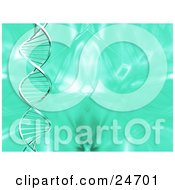 Clipart Illustration Of A Spiraling Double Helix Strand Of DNA Spanning Veritcally Over A Green Background