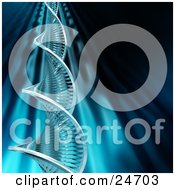 Poster, Art Print Of Dna Double Helix Strand Twisting Upwards Over A Blue Background With Dark Lighting