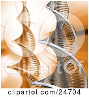 Clipart Illustration Of A Chrome Double Helix DNA Strand Over An Orange Background With Another Strand