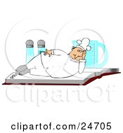 Clipart Illustration Of A Chubby White Male Chef In A Uniform And Hat Lying On A Recipe Book In Front Of Salt And Pepper Shakers And A Measuring Cup