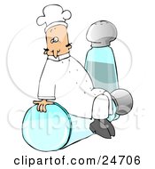 Clipart Illustration Of A Male Caucasian Chef In A White Hat And Uniform Sitting On Top Of A Tipped Salt Shaker In Front Of A Pepper Shaker