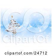 Poster, Art Print Of Silver Spiral Christmas Tree With A Gold Star Star Over A Blue And White Snowflake Background