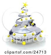 Poster, Art Print Of Metallic Silver Metal Christmas Tree Decorated In Yellow Ornaments And A Golden Star Over White