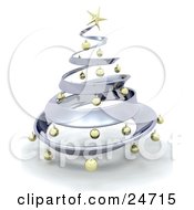 Poster, Art Print Of Metallic Chrome Metal Christmas Tree Decorated In Gold Ornaments And A Golden Star Over White