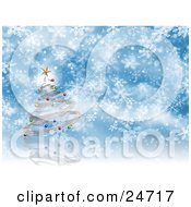 Poster, Art Print Of Silver Spiral Christmas Tree With Colorful Ornaments And A Star Over A Blue And White Snowflake Background