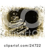 Clipart Illustration Of A Spiral Christmas Tree In Yellow Over A Dark Grunge Background With A White Frame And Black Paint Splatters