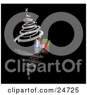 Silver Spiraled Christmas Tree With Gold Ornaments And A Star Over Gifts On A Reflecting Black Surface