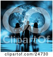 Clipart Illustration Of Three Silhouetted Professional People Standing On A Rippled Reflective Surface In Front Of A Globe With A Foggy Background