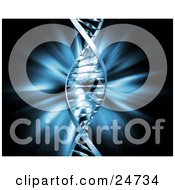 Clipart Illustration Of A DNA Double Helix Strand Twisting Over A Black Background With A Blue Burst