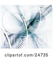Clipart Illustration Of A Twisting Double Helix DNA Strand Over A Bursting Blue And White Background
