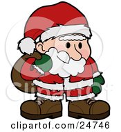 Poster, Art Print Of Santa Claus In A Red And White Suit Standing And Grinning With Flushed Cheeks Carrying A Sack Of Toys Over His Shoulder