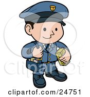Friendly And Smiling Mail Man In A Blue Uniform Carrying A Bag Of Letters