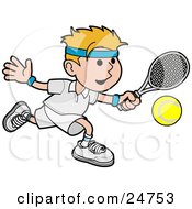 Poster, Art Print Of Athletic Blond Man Running After A Tennis Ball During A Game On The Court