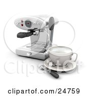 Poster, Art Print Of Chrome Espresso Maker Machine With A Cup Sugar And A Spoon On A White Kitchen Counter
