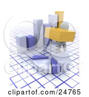 Clipart Illustration Of A White Character Carrying A Piece To A Pie Chart In Front Of A Bar Graph Over A Grid Background by KJ Pargeter