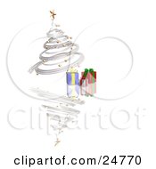Clipart Illustration Of A Silver Spiraled Christmas Tree With Gold Ornaments And A Star Over Gifts On A Reflecting White Surface