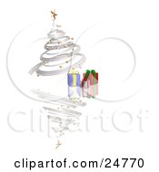 Poster, Art Print Of Silver Spiraled Christmas Tree With Gold Ornaments And A Star Over Gifts On A Reflecting White Surface